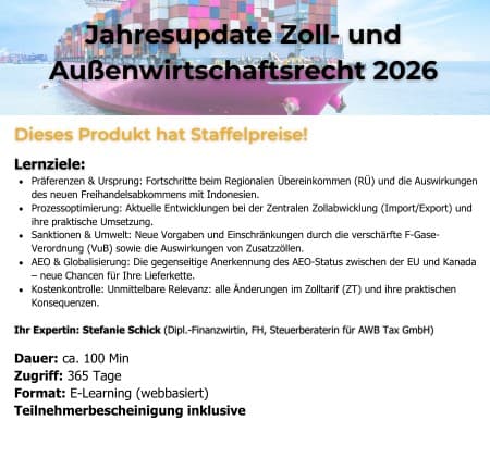 E-Learning,Zoll,Außenwirtschaftsrecht,Weiterbildung,Warenursprung,Zolltarif,AEO integriert,VuB / F-Gase-Verordnung,Zolltarif (ZT),Zusatzzölle